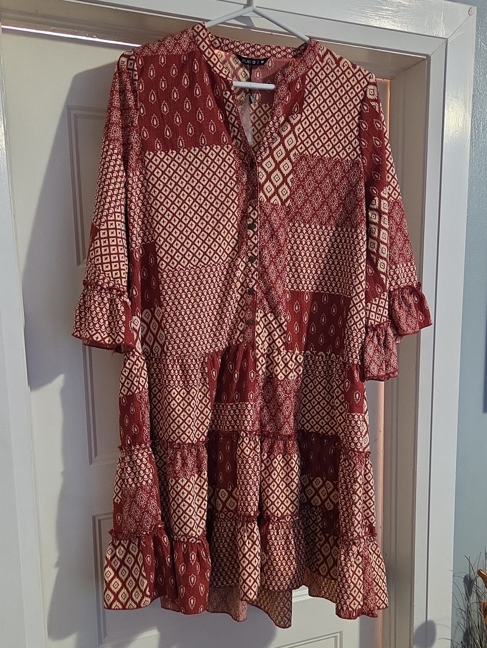 Patchwork Printed Tunic Dress in Brick Red  and Cream